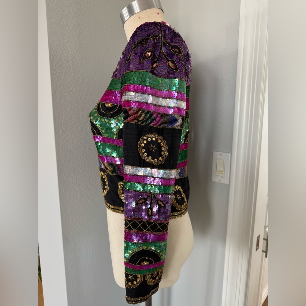 100% Silk Heavily Beaded Sequin Leslie Faye Bolero Small - Picture 5 of 11